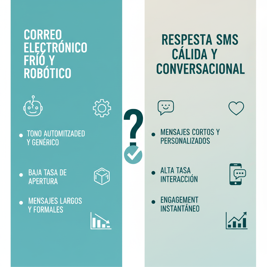 Una comparación lado a lado de un autorrespondedor de correo electrónico frío y robótico frente a una autorrespuesta de SMS cálida, personalizada y conversacional.