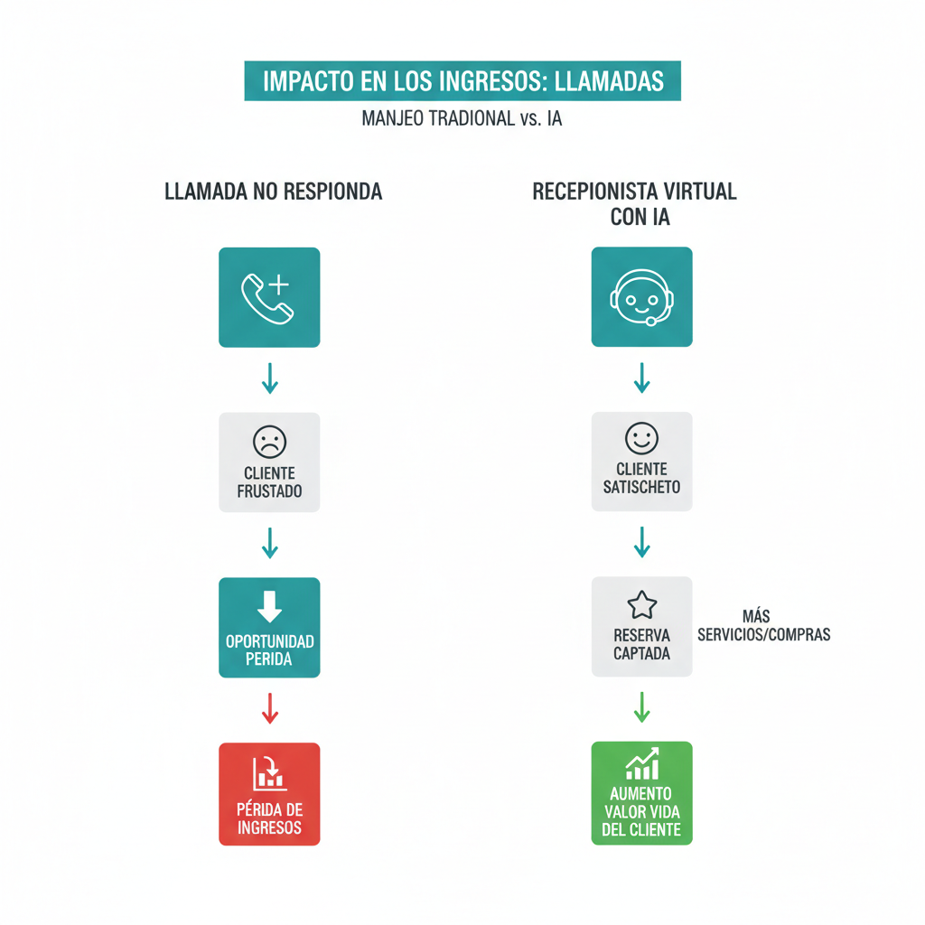 Un diagrama de flujo visual que muestra cómo una llamada no respondida conduce a la pérdida de ingresos, en comparación con cómo una recepcionista virtual con IA capta la reserva y aumenta el valor de vida del cliente.