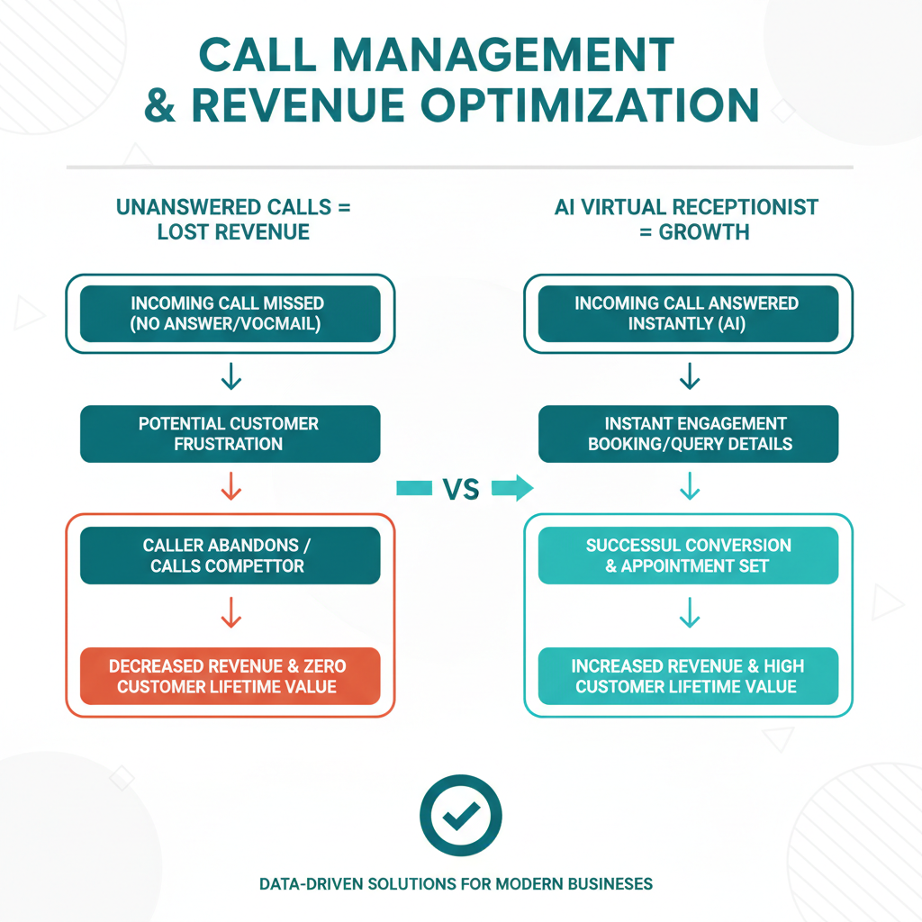 A visual flowchart showing how an unanswered call leads to revenue loss, compared to how an AI virtual receptionist captures the booking and increases customer lifetime value.