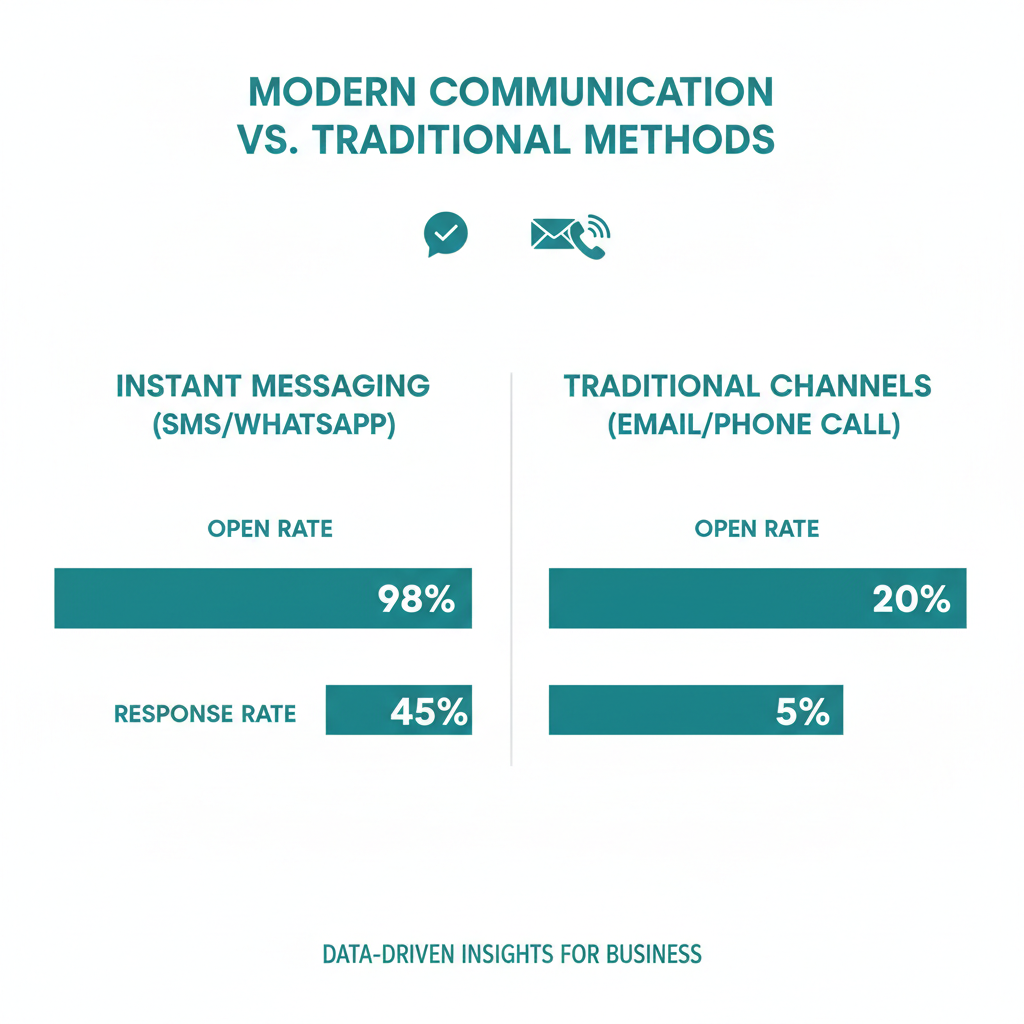 A visual comparison chart showing the response rates and open rates of SMS and WhatsApp versus traditional email and phone calls