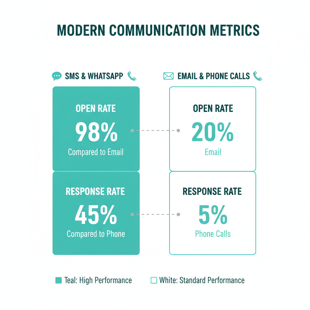 A visual comparison chart showing the response rates and open rates of SMS and WhatsApp versus traditional email and phone calls