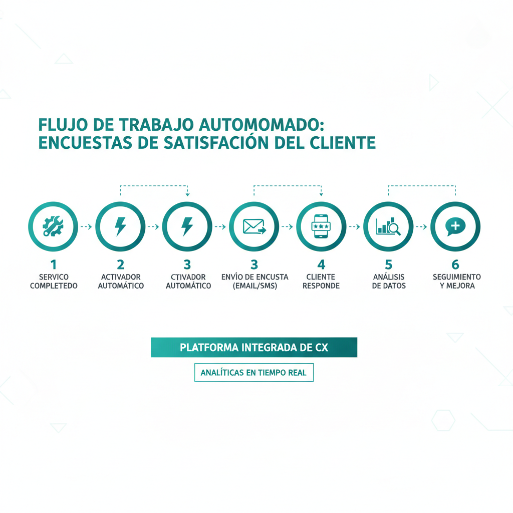 Un flujo de trabajo paso a paso de encuestas de satisfacción del cliente automatizadas que se activan después de completar un servicio.