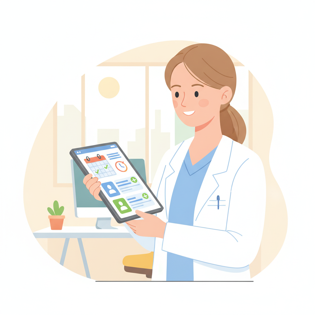Un profesional médico sonriendo mientras revisa un panel de programación automatizado en una tableta en una oficina luminosa.