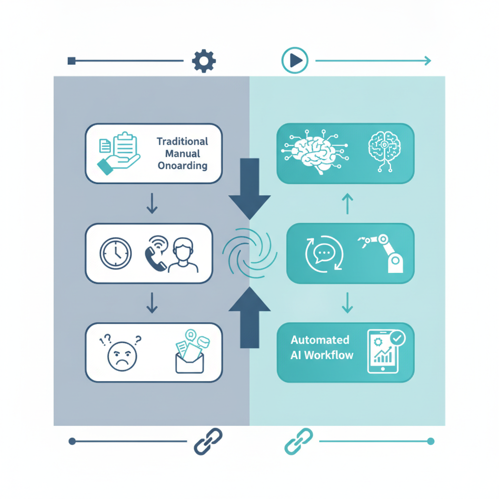 Un diagrama de flujo paso a paso que compara el registro manual tradicional de pacientes con un flujo de trabajo automatizado de comunicación con clientes mediante IA.