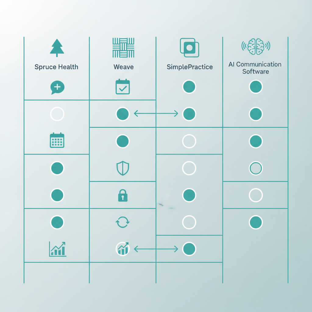 Tabla comparativa que muestra las características de Spruce Health, Weave, SimplePractice y software de comunicación con IA