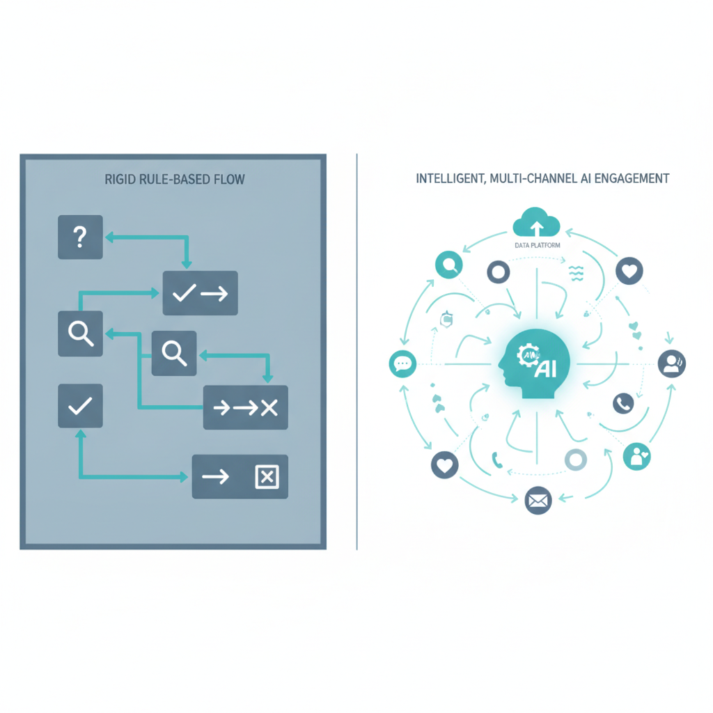 Un gráfico comparativo que muestra el flujo de un chatbot rígido basado en reglas frente a un flujo de trabajo inteligente y multicanal de patient engagement con IA.