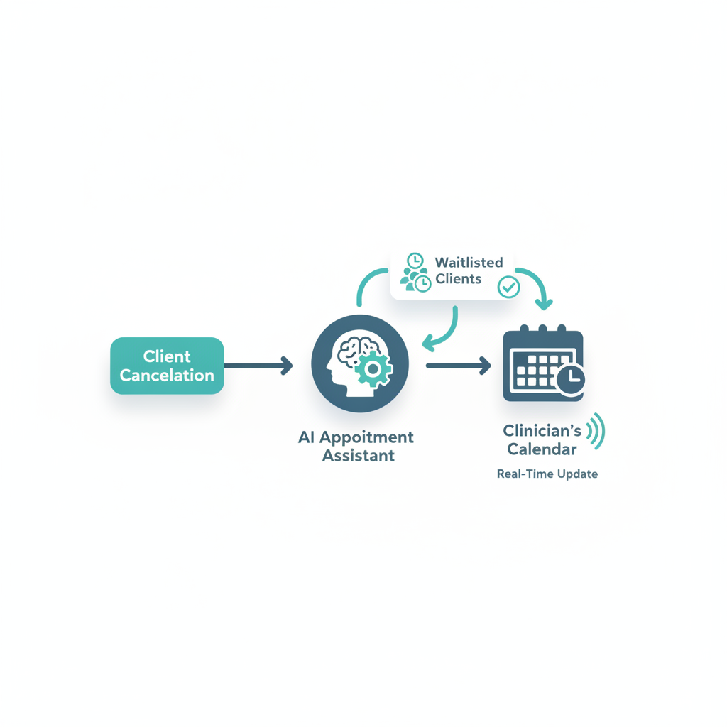 Un diagrama de flujo que ilustra cómo un asistente de citas con IA gestiona la cancelación de un cliente, ofrece automáticamente el espacio a un cliente en lista de espera y actualiza la agenda del terapeuta en tiempo real.