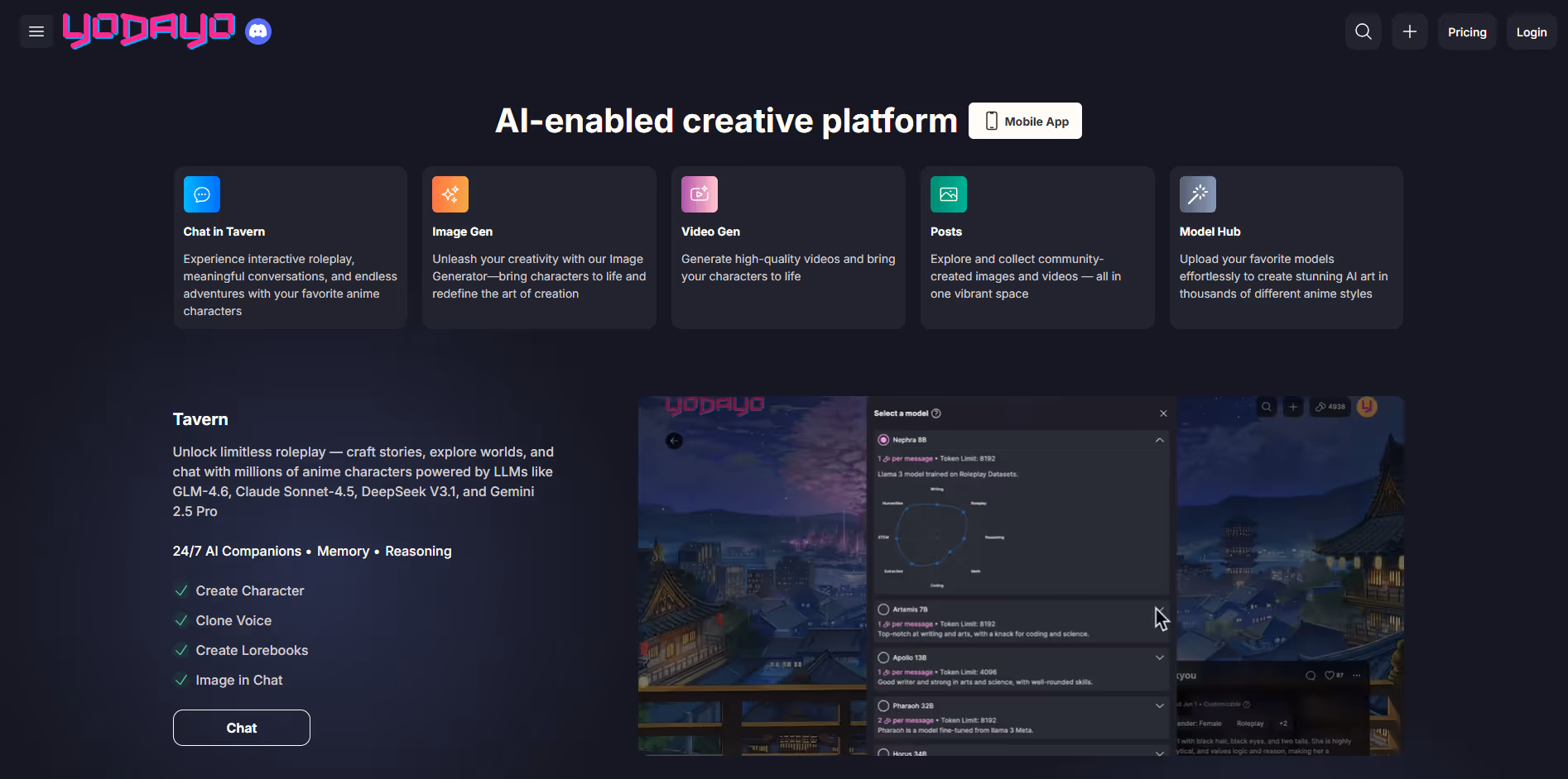 Yodayo AI product screenshot