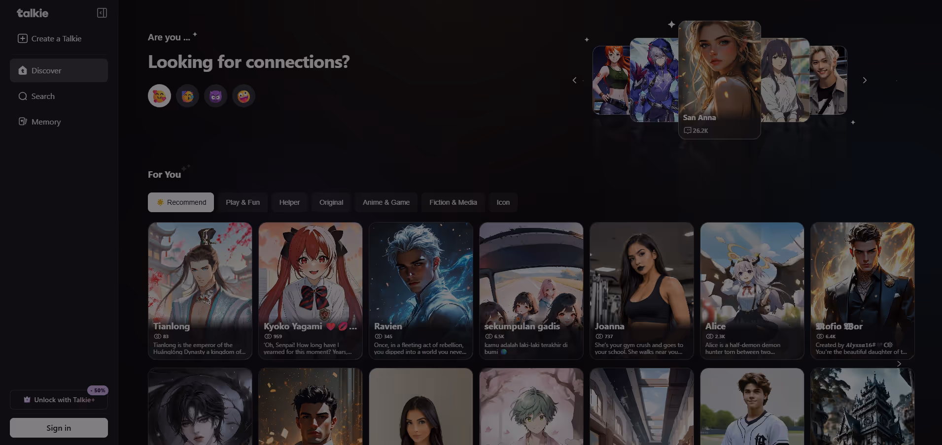 Talkie AI product screenshot