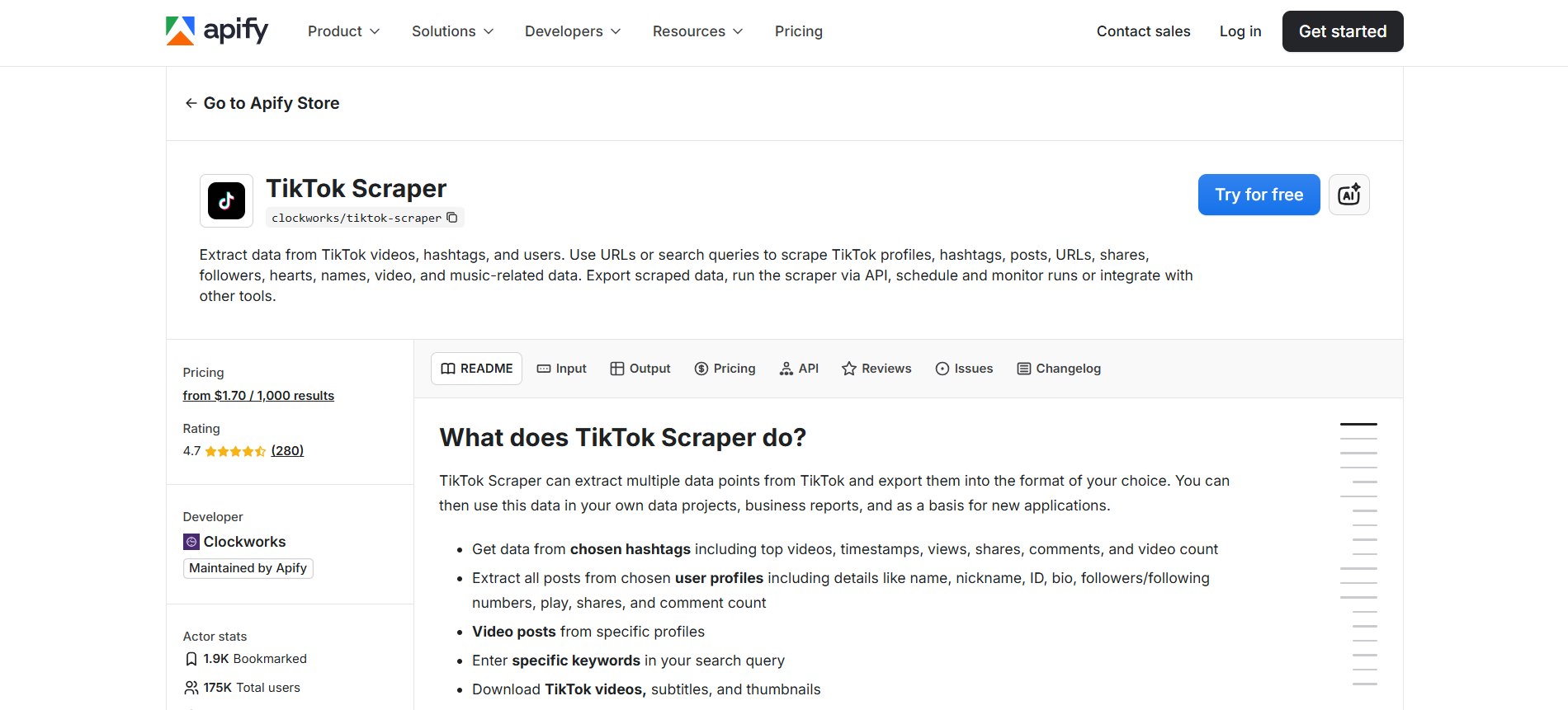 Apify TikTok Scraper product screenshot