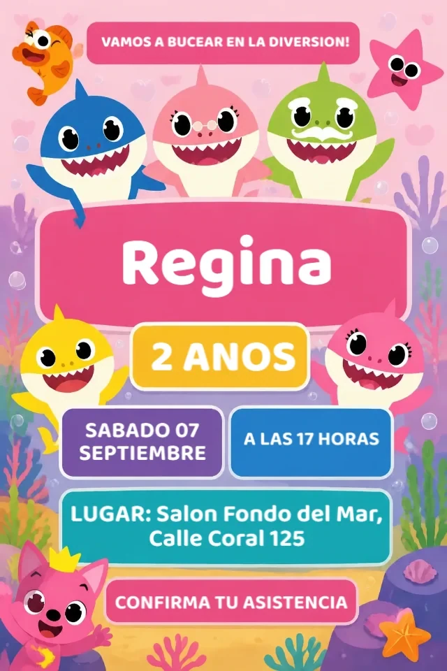 Invitacion de Cumpleanos Baby Shark Rosa para Nina para Editar en Linea y Descargar al Instante — invitación animada personalizada de cumpleaños infantil