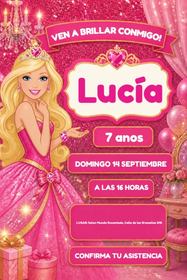 Invitacion de Cumpleanos Barbie Rosa Glitter para Editar en Linea — invitación animada personalizada de cumpleaños infantil