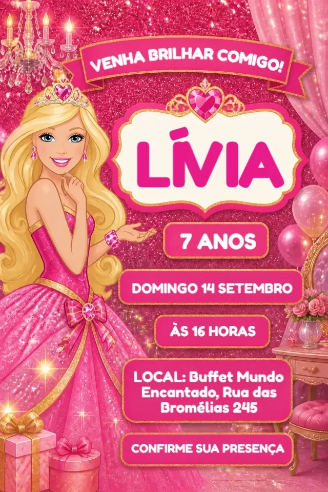 Convite de Aniversário Barbie Glitter Rosa para Editar Online — convite animado personalizado de aniversário infantil