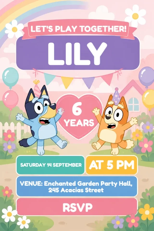 Bluey and Bingo Girl Birthday Invitation Pink and Blue to Edit Online — personalized animated birthday invitation for kids