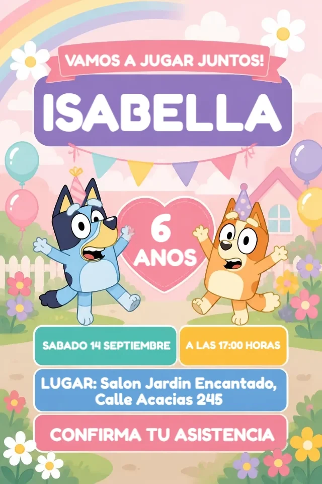 Invitacion de Cumpleanos Bluey y Bingo Nina Rosa y Azul para Editar en Linea — invitación animada personalizada de cumpleaños infantil