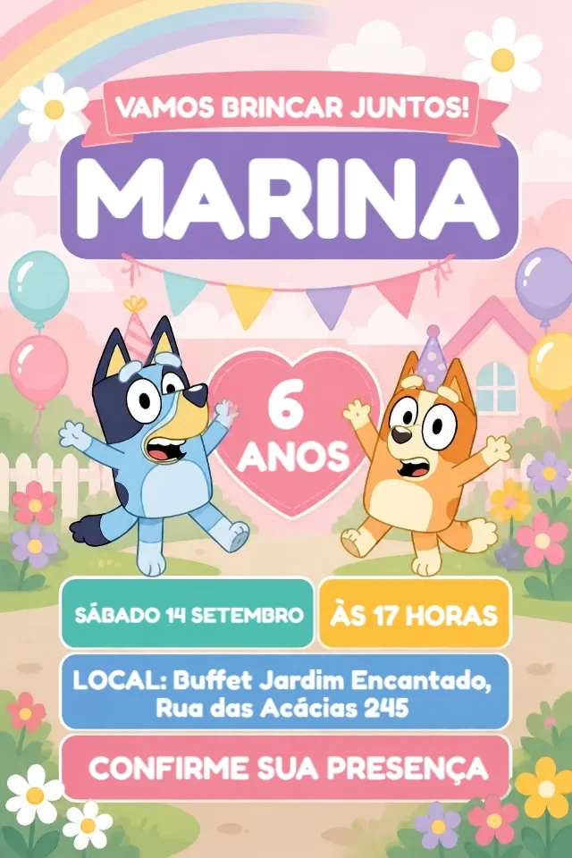 Convite de Aniversário Bluey e Bingo Menina Azul e Rosa para Editar Online — convite animado personalizado de aniversário infantil
