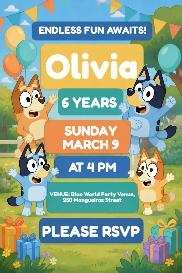 Bluey Birthday Invitation Blue and Orange to Edit Online — personalized animated birthday invitation for kids