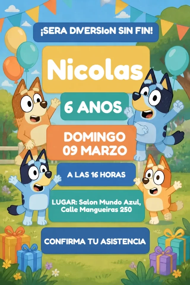 Invitacion de Cumpleanos Bluey Azul y Naranja para Editar en Linea — invitación animada personalizada de cumpleaños infantil