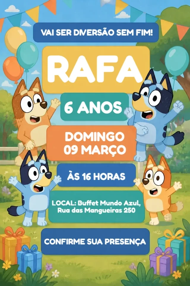 Convite de Aniversário Bluey Azul e Laranja para Editar Online — convite animado personalizado de aniversário infantil