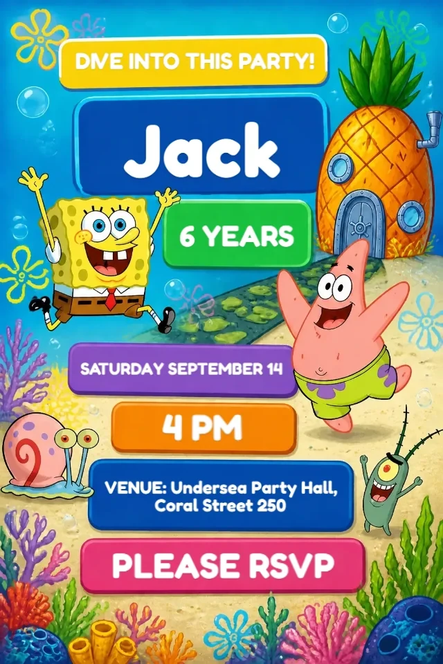 SpongeBob Birthday Invitation Under the Sea Yellow and Blue to Edit Online — personalized animated birthday invitation for kids