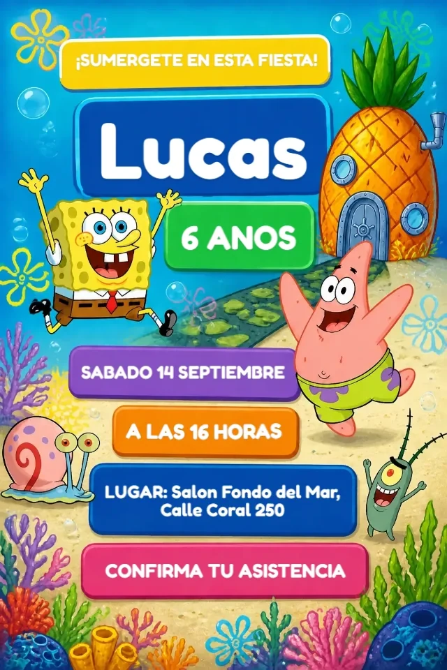 Invitacion de Cumpleanos Bob Esponja Fondo del Mar Colorida para Editar en Linea — invitación animada personalizada de cumpleaños infantil