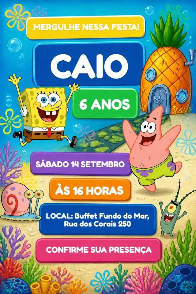 Convite de Aniversário Bob Esponja Fundo do Mar Colorido para Editar Online — convite animado personalizado de aniversário infantil
