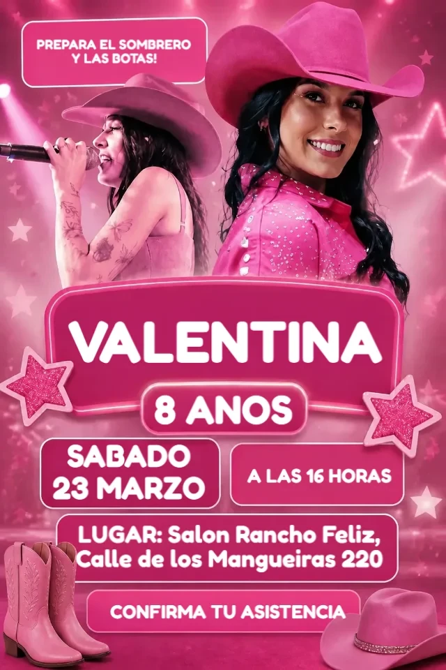 Invitacion de Cumpleanos Vaquera Rosa y Marron para Editar en Linea con Foto — invitación animada personalizada de cumpleaños infantil