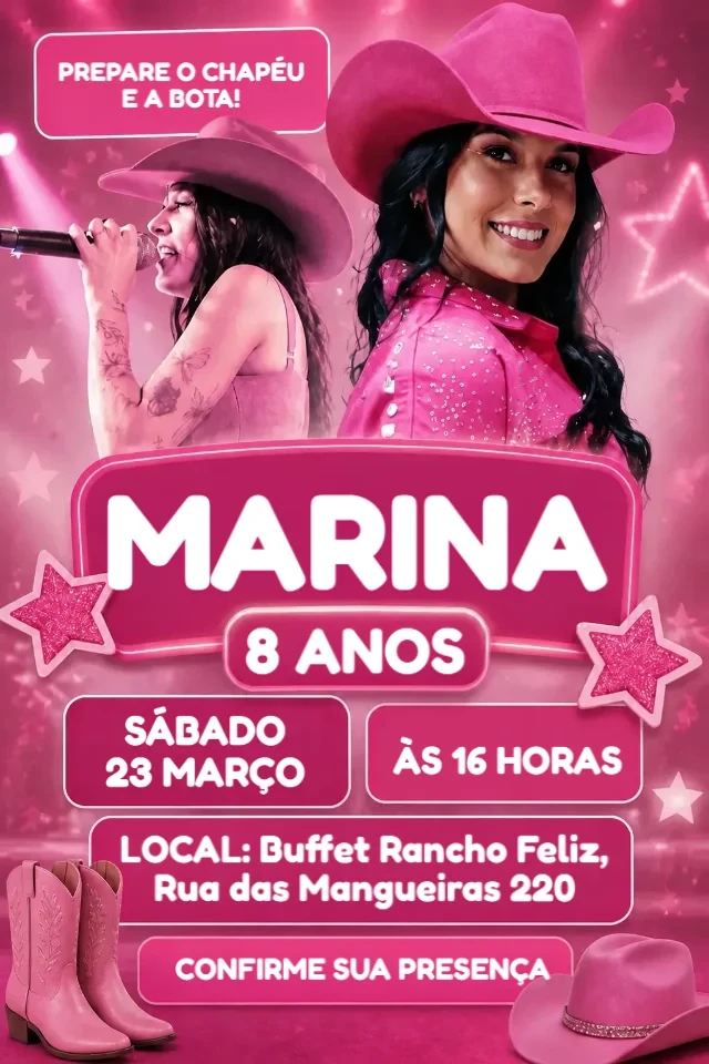 Convite de Aniversario Boiadeira Rosa e Marrom para Editar Online com Foto — convite animado personalizado de aniversário infantil