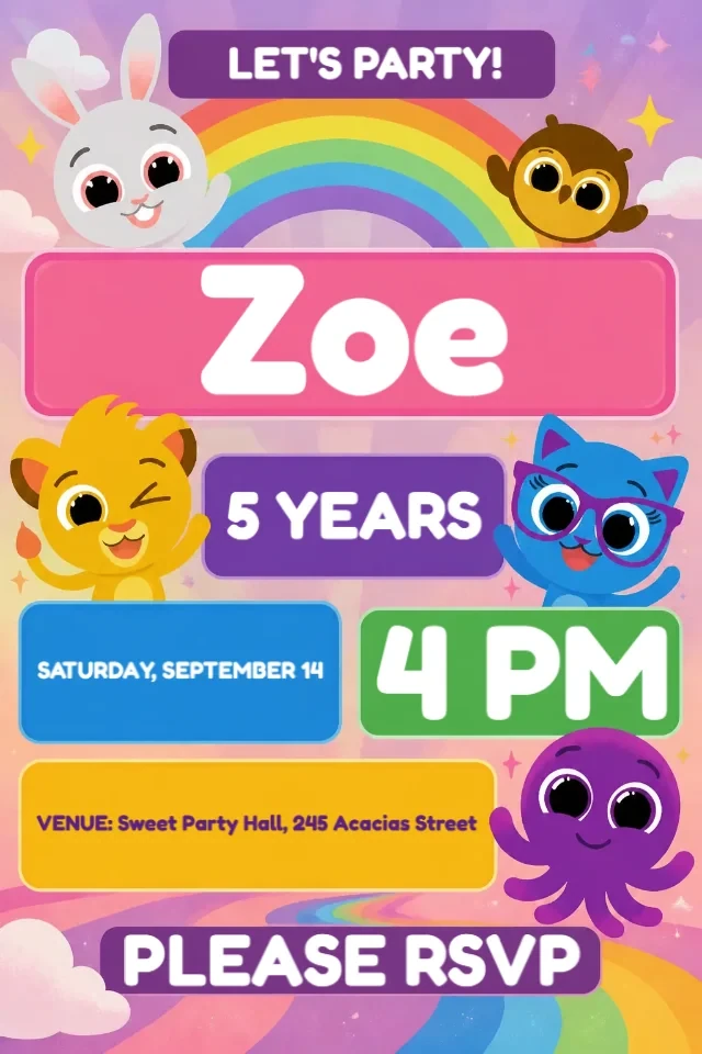 Bolofofos Birthday Invitation in Purple Glitter to Edit Online — personalized animated birthday invitation for kids