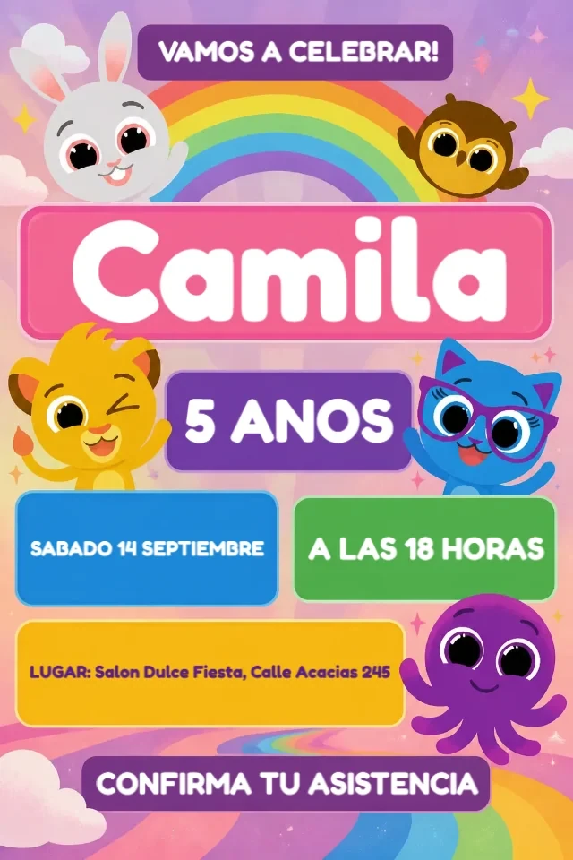 Invitacion de Cumpleanos Bolofofos Morado con Brillo para Editar en Linea — invitación animada personalizada de cumpleaños infantil