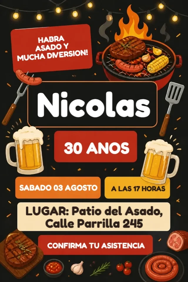 Invitacion de Cumpleanos Asado y Cerveza Chalkboard Rojo y Naranja para Editar en Linea — invitación animada personalizada de cumpleaños infantil