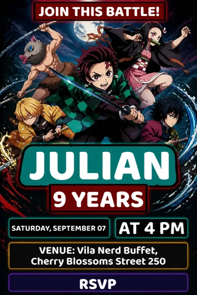 Demon Slayer Birthday Invitation for Boy in Green and Black to Edit Online — personalized animated birthday invitation for kids