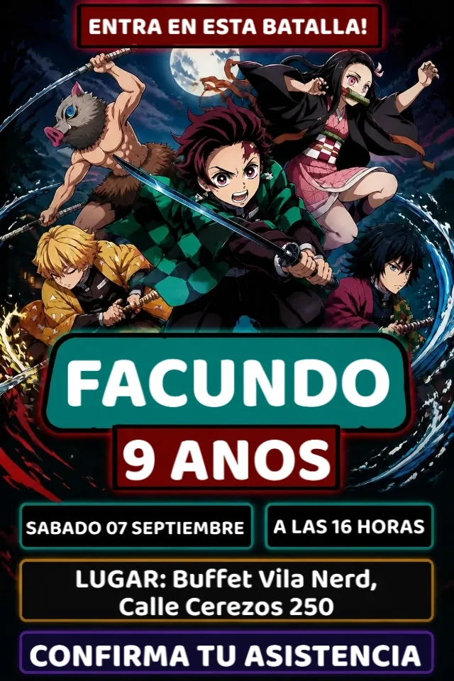 Invitacion de Cumpleanos Demon Slayer para Nino en Verde y Negro para Editar en Linea — invitación animada personalizada de cumpleaños infantil