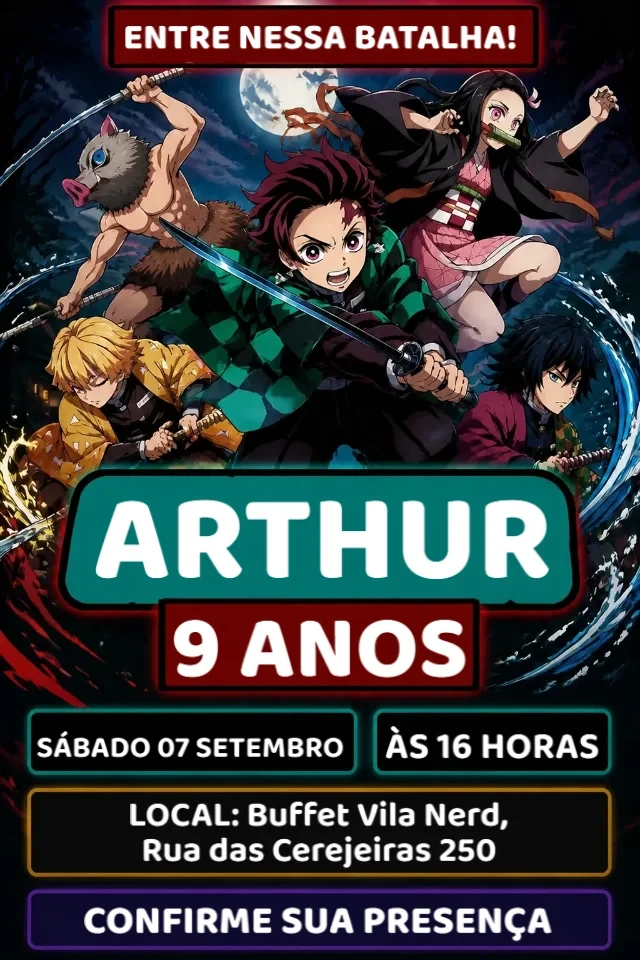 Convite de Aniversário Demon Slayer para Menino em Verde e Preto para Editar Online — convite animado personalizado de aniversário infantil