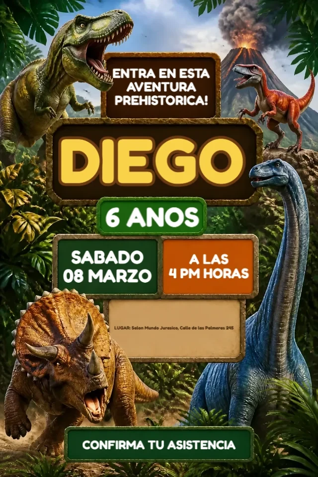 Invitacion de Cumpleanos Dinosaurio Verde y Negro para Editar en Linea — invitación animada personalizada de cumpleaños infantil