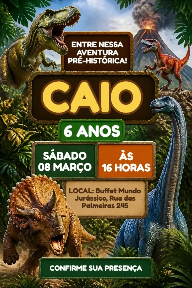 Convite de Aniversário Dinossauro Verde e Preto para Editar Online — convite animado personalizado de aniversário infantil