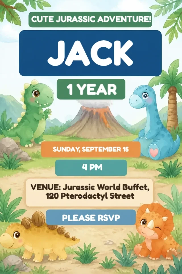 Baby Dinosaurs Birthday Invitation Watercolor Green to Edit Online — personalized animated birthday invitation for kids