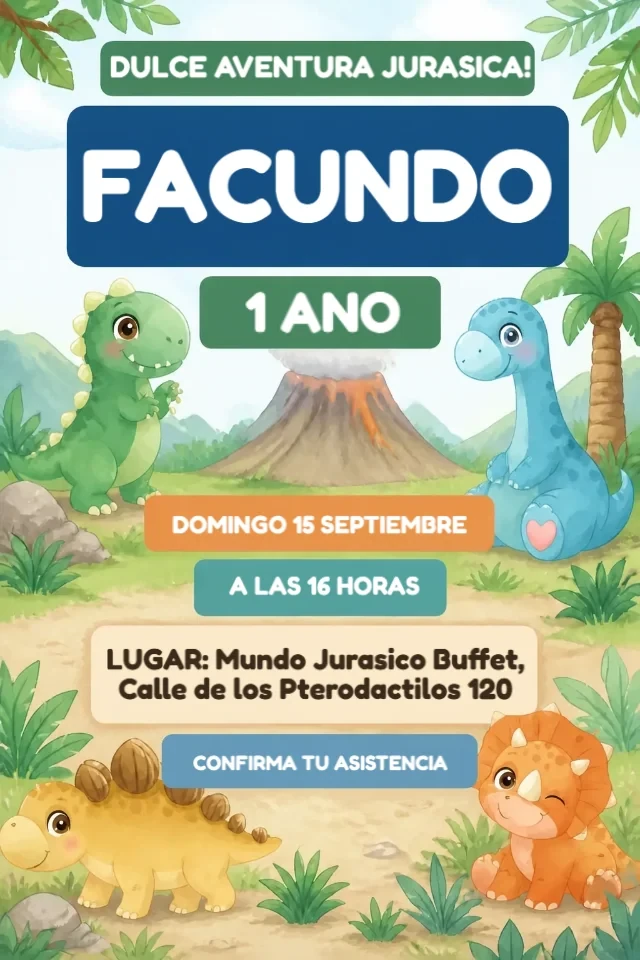 Invitacion de Cumpleanos Dinosaurios Baby Acuarela Verde para Editar en Linea — invitación animada personalizada de cumpleaños infantil