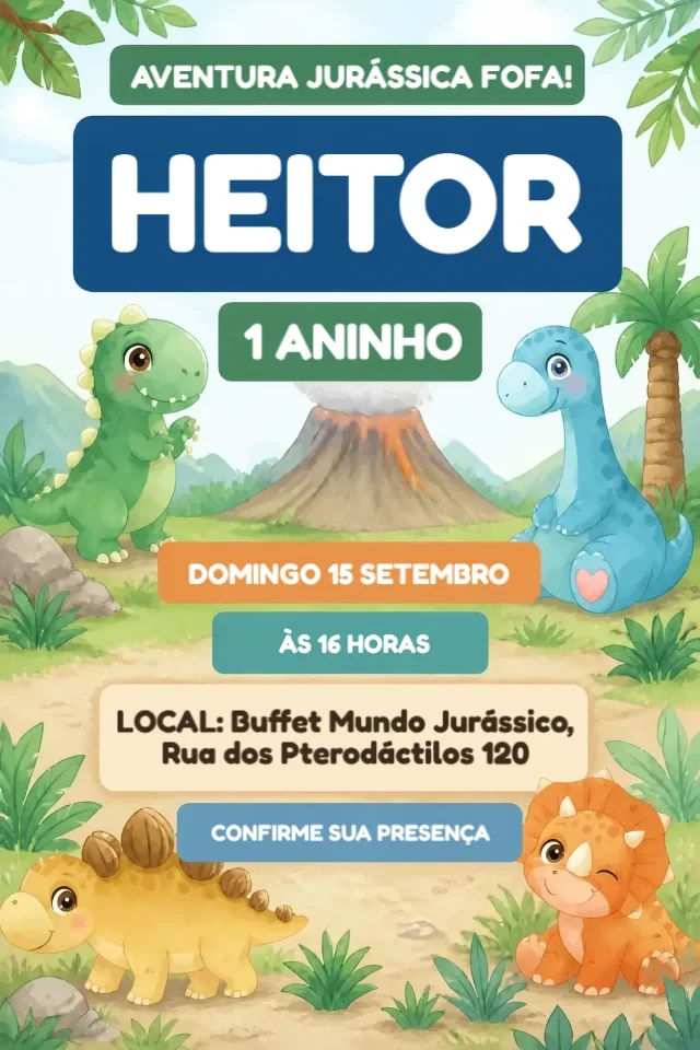 Convite de Aniversário Dinossauros Baby Aquarela Verde para Editar Online — convite animado personalizado de aniversário infantil