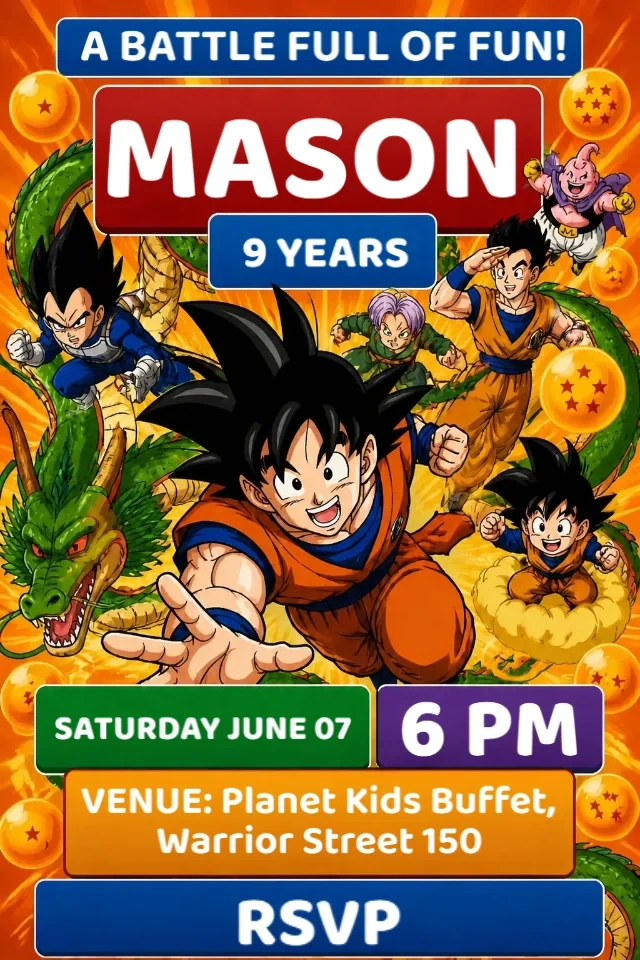 Dragon Ball Z Birthday Invitation with Goku in Orange and Red to Edit Online — personalized animated birthday invitation for kids