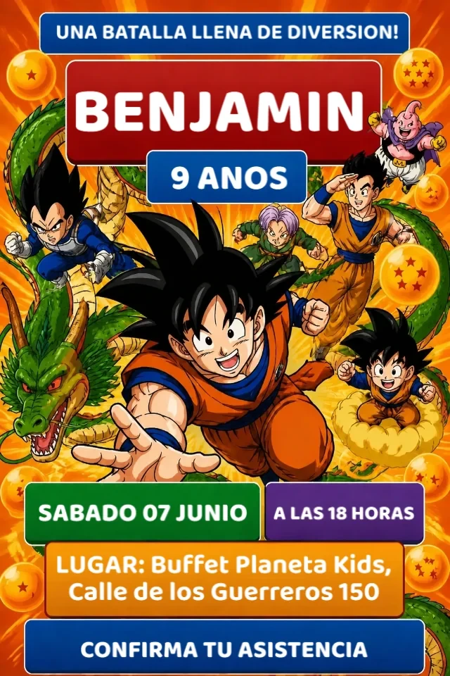 Invitacion de Cumpleanos Dragon Ball Z con Goku en Naranja y Rojo para Editar en Linea — invitación animada personalizada de cumpleaños infantil
