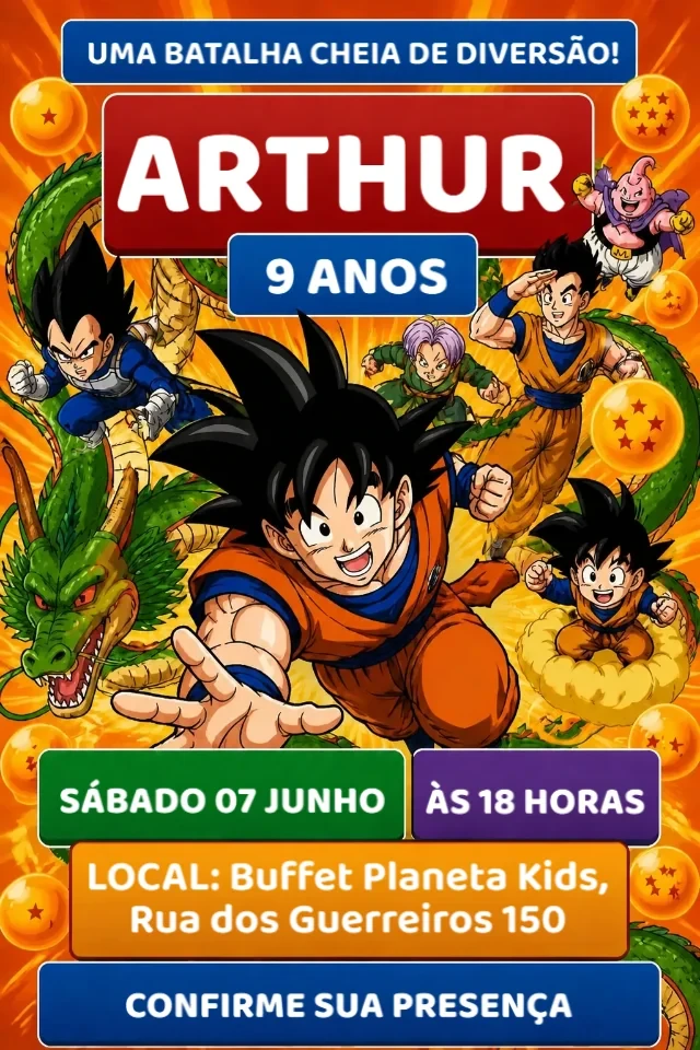 Convite de Aniversário Dragon Ball Z com Goku em Laranja e Vermelho para Editar Online — convite animado personalizado de aniversário infantil