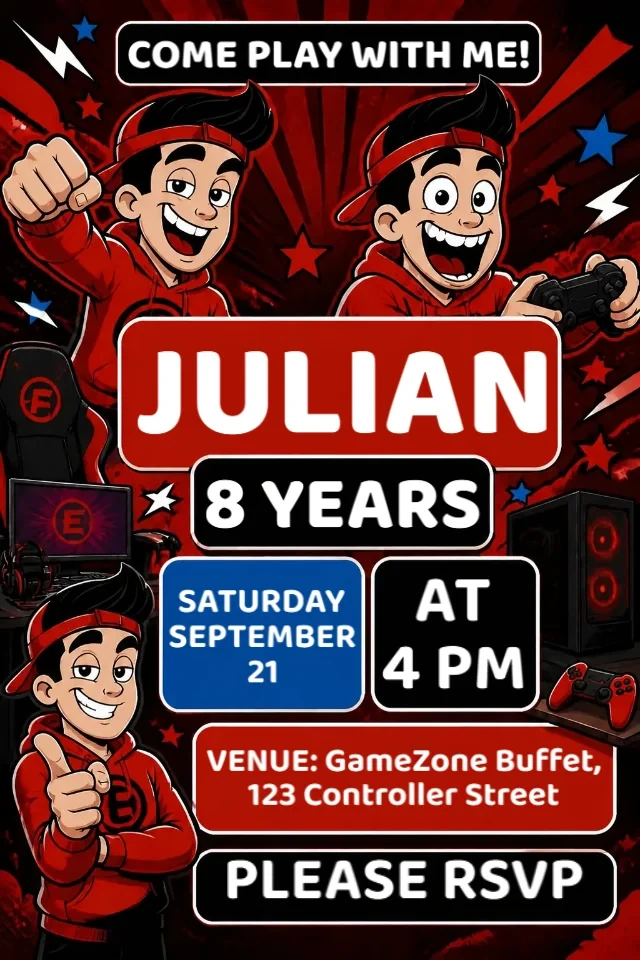 Enaldinho Gamer Blue Birthday Invitation for Boys to Edit Online — personalized animated birthday invitation for kids