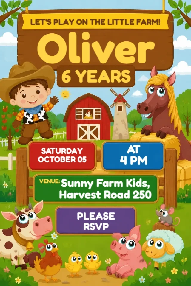 Farm Birthday Invitation for Boy with Colorful Animals to Edit Online — personalized animated birthday invitation for kids