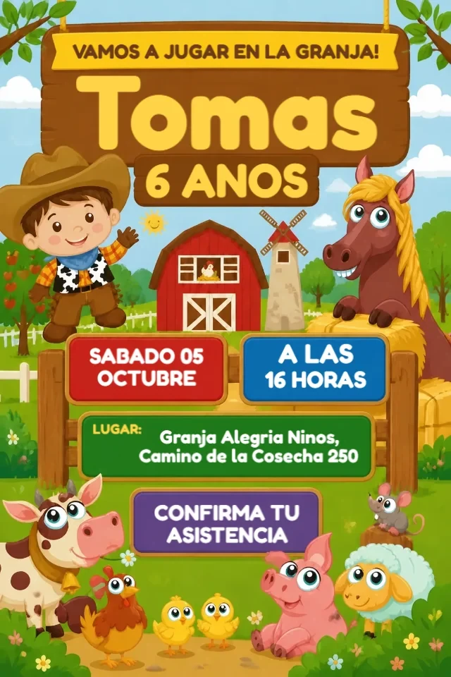 Invitacion de Cumpleanos Granja para Nino Colorida con Animales para Editar en Linea — invitación animada personalizada de cumpleaños infantil