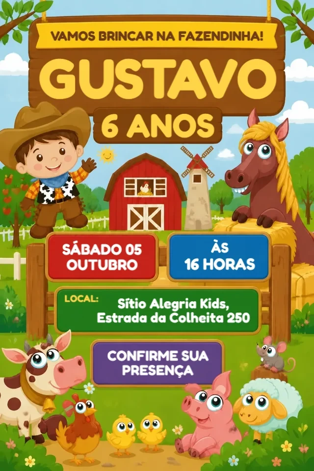 Convite de Aniversário Fazendinha Menino Colorido com Animais para Editar Online — convite animado personalizado de aniversário infantil
