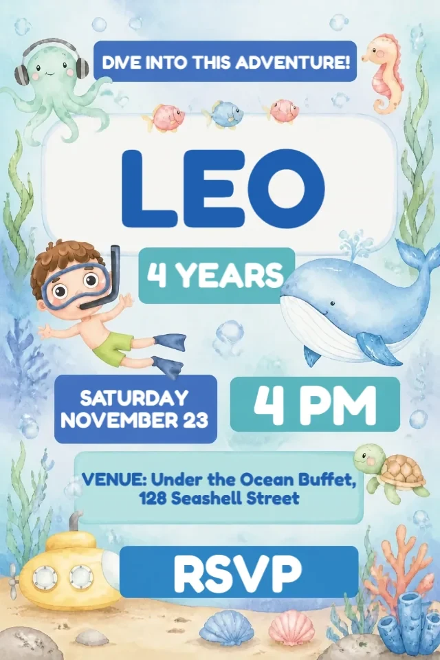 Under the Sea Birthday Invitation Watercolor Blue Boy to Edit Online — personalized animated birthday invitation for kids