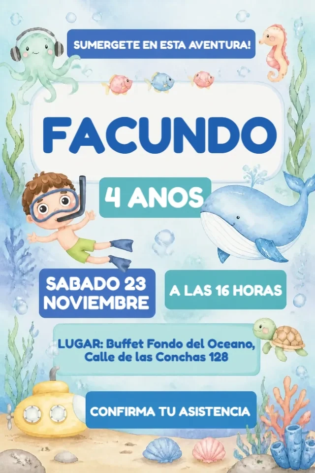Invitacion de Cumpleanos Fondo del Mar Acuarela Azul para Editar en Linea — invitación animada personalizada de cumpleaños infantil