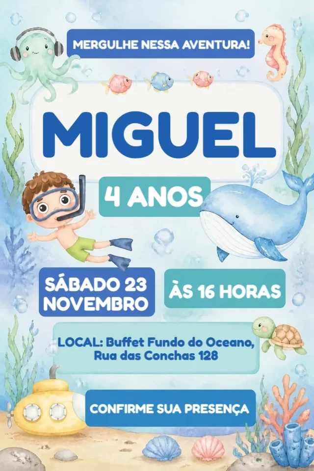 Convite de Aniversário Fundo do Mar Aquarela Azul para Editar Online — convite animado personalizado de aniversário infantil