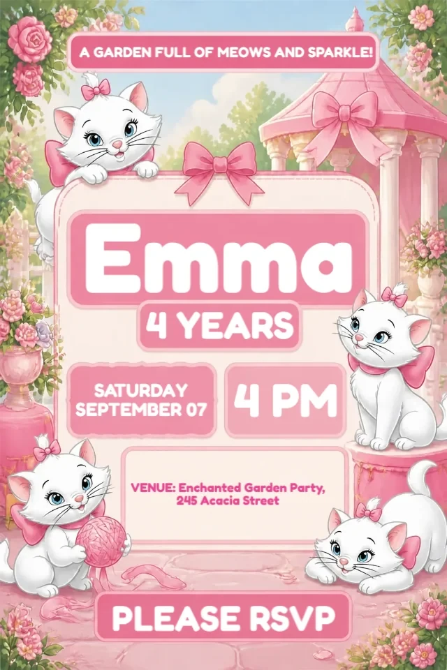 Marie Kitten Birthday Invitation Pink and Gold to Edit Online — personalized animated birthday invitation for kids